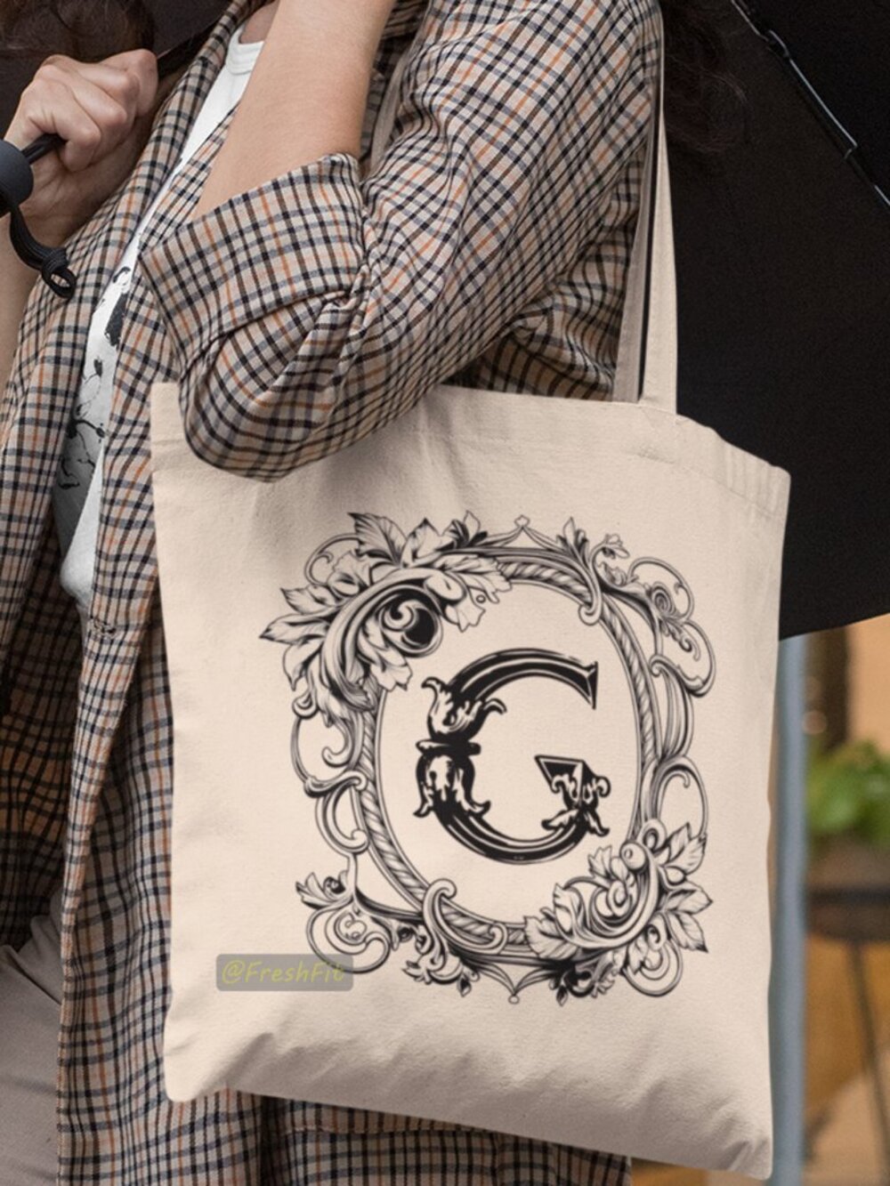 🆕Letter G Ornate Initial Natural Canvas Tote Bag